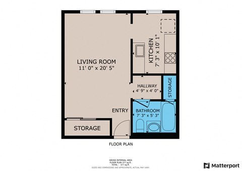Floor plan for studio, 1 bath, 400 sqft